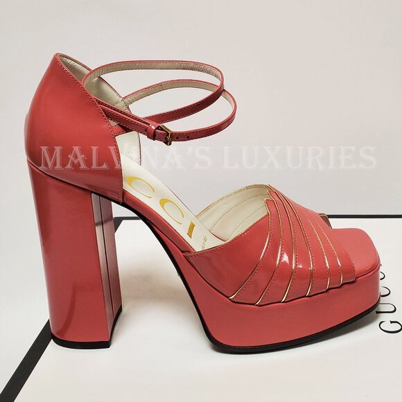 GUCCI SHOES MEDEA PLATFORM SANDALS RED PINK LEATHER sz 38.5 8.5 - Picture 3 of 10